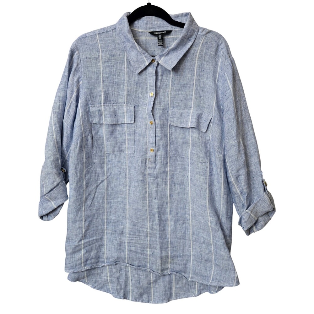 Ellen Tracy Women Linen Shirt 2X Blue Resort Capsule Coastal Nautical Beach Airy